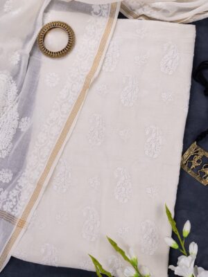 Adrika's Lucknow Chikankari Off White Mangalgiri Cotton Unstitched 2-Piece Kurti Set