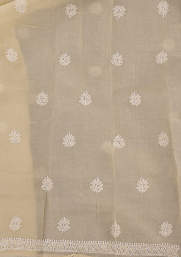Adrika's luxurious Lucknow Chikankari Beige Cotton Unstitched 3-Piece Kurti Set with intricate detailing