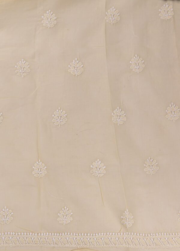 Hand-embroidered Lucknow Chikankari Beige Cotton Unstitched 3-Piece Kurti Set by Adrika