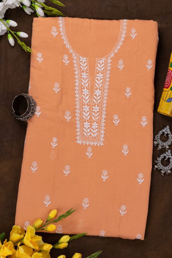 Adrika's Lucknow Chikankari Cantaloupe Orange Cotton Unstitched 2-Piece Kurti Set