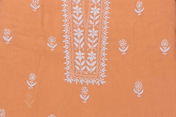 Handcrafted Lucknow Chikankari Cantaloupe Orange Cotton Unstitched 2-Piece Kurti Set by Adrika