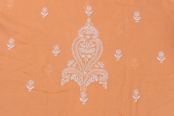 Adrika's luxurious Lucknow Chikankari Cantaloupe Orange Cotton Unstitched 2-Piece Kurti Set with intricate detailing