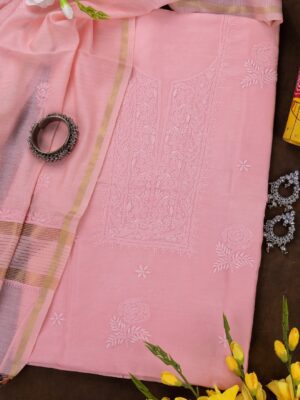 Adrika's Lucknow Chikankari Pink Chanderi Unstitched 2-Piece Kurti Set