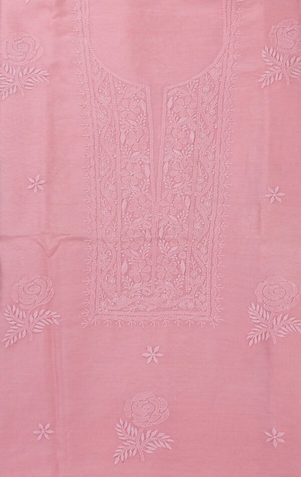 Hand-embroidered Lucknow Chikankari Pink Chanderi Unstitched 2-Piece Kurti Set by Adrika