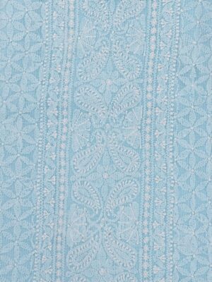 Hand-embroidered Lucknow Chikankari Light Blue Kota Cotton Unstitched Kurti by Adrika