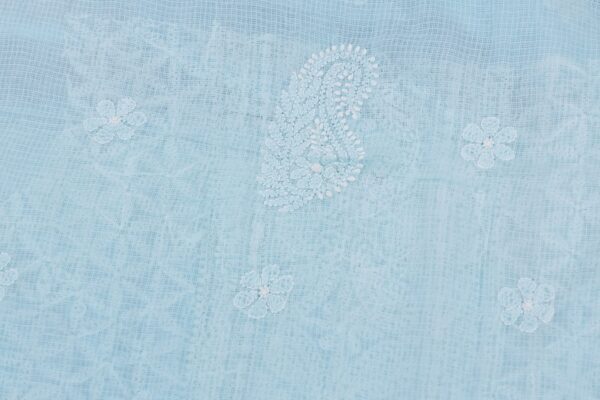 Adrika's luxurious Lucknow Chikankari Light Blue Kota Cotton Unstitched Kurti with intricate detailing
