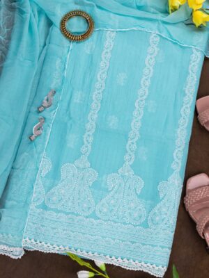 Adrika's Lucknow Chikankari Turquoise Blue Cotton Unstitched 3-Piece Kurti Set