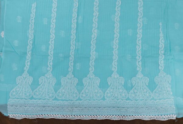 Hand-embroidered Lucknow Chikankari Turquoise Blue Cotton Unstitched 3-Piece Kurti Set by Adrika