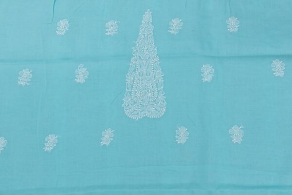Adrika's luxurious Lucknow Chikankari Turquoise Blue Cotton Unstitched 3-Piece Kurti Set with intricate detailing