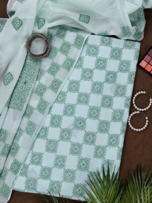 Adrika's Lucknow Chikankari Mint Green Cotton Unstitched 2-Piece Kurti Set