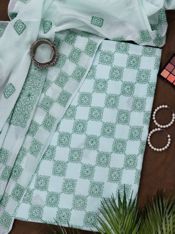 Adrika's Lucknow Chikankari Mint Green Cotton Unstitched 2-Piece Kurti Set