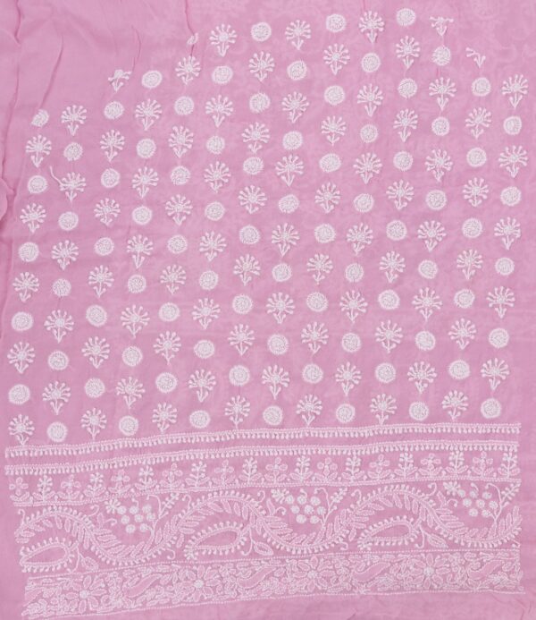 Adrika's luxurious Lucknow Chikankari Pink Colour Georgette Unstitched 2-Piece Kurti Set with intricate detailing