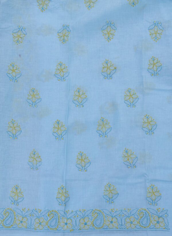 Adrika's luxurious Lucknow Chikankari Arctic Blue Cotton Unstitched 3-Piece Kurti Set with intricate detailing