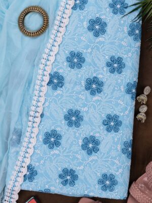 Adrika's Lucknow Chikankari Sky Blue Cotton Unstitched 3-Piece Kurti Set
