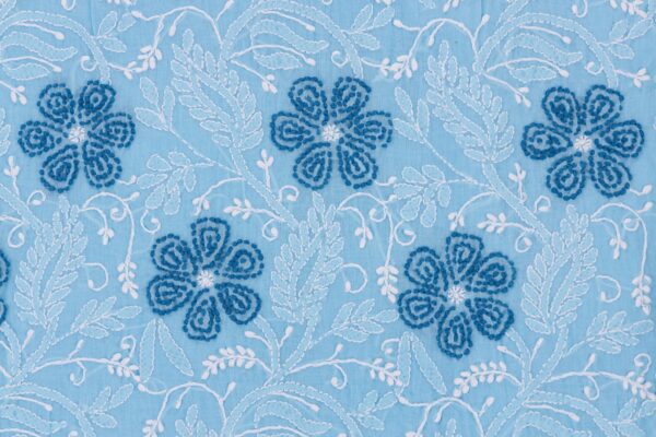 Adrika's luxurious Lucknow Chikankari Sky Blue Cotton Unstitched 3-Piece Kurti Set with intricate detailing