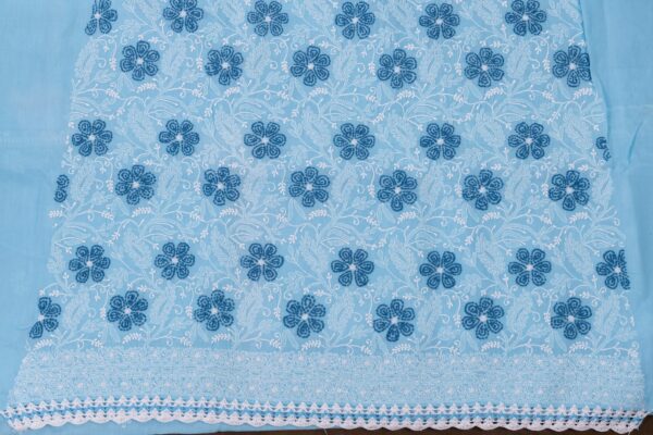 Handcrafted Lucknow Chikankari Sky Blue Cotton Unstitched 3-Piece Kurti Set by Adrika