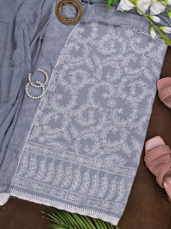 Adrika's Lucknow Chikankari Grey Cotton Unstitched 3-Piece Kurti Set
