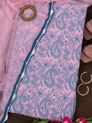 Adrika's Lucknow Chikankari Pink Cotton Unstitched 3-Piece Kurti Set