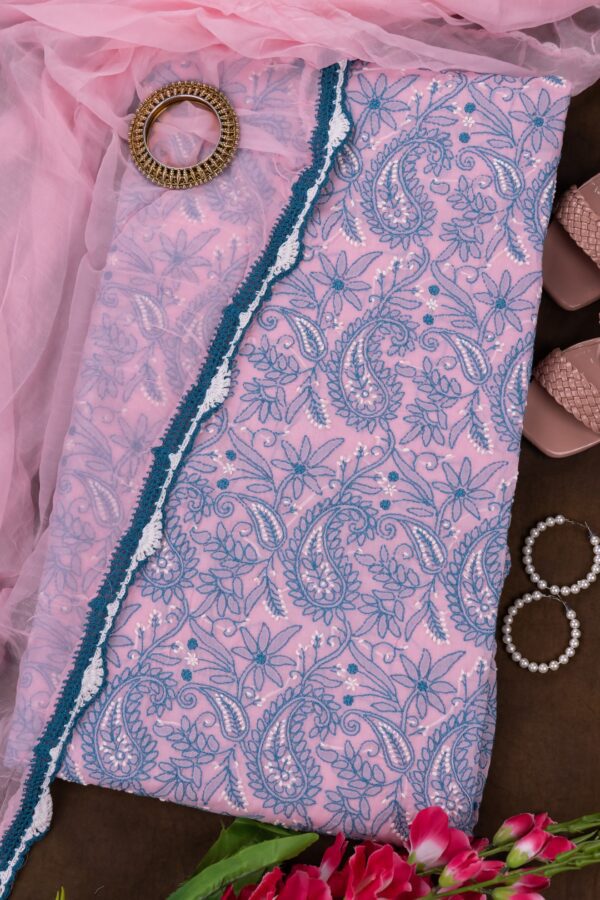 Adrika's Lucknow Chikankari Pink Cotton Unstitched 3-Piece Kurti Set