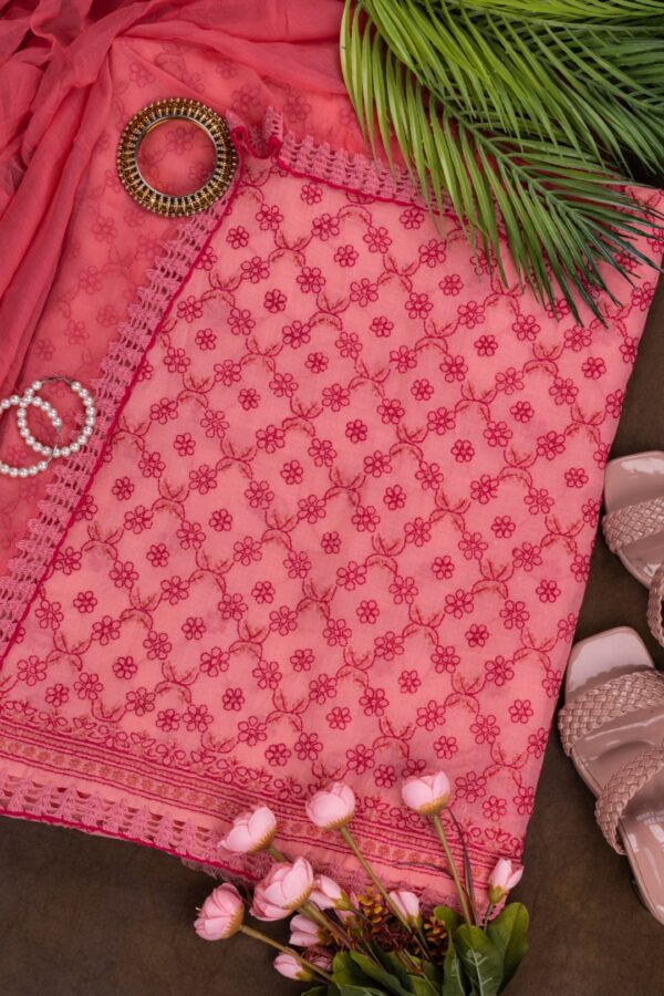 Adrika's Lucknow Chikankari Pastel Scarlet Cotton Unstitched 3-Piece Kurti Set