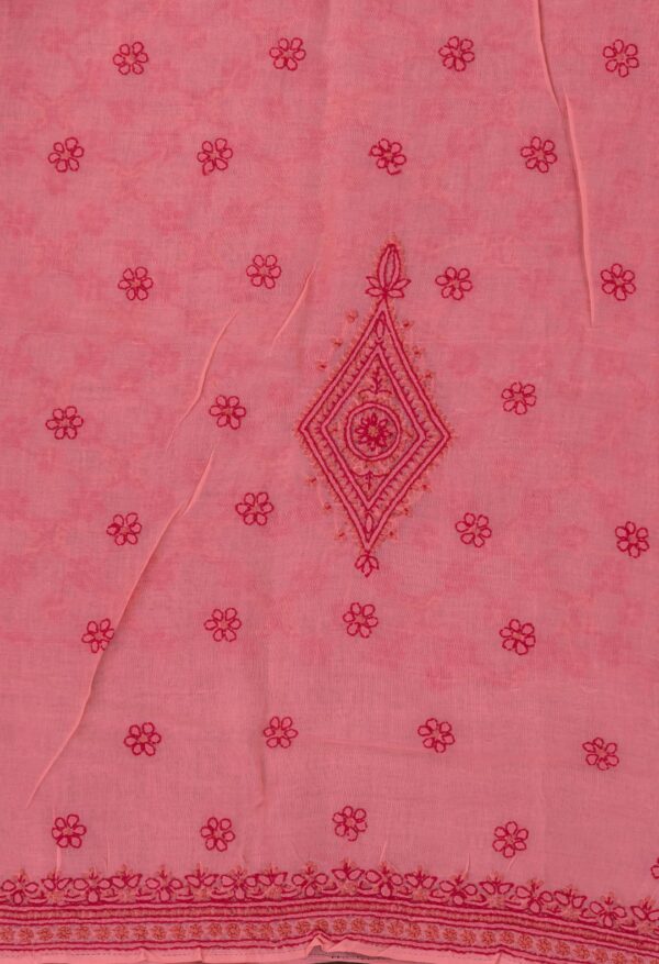 Handcrafted Lucknow Chikankari Pastel Scarlet Cotton Unstitched 3-Piece Kurti Set by Adrika"