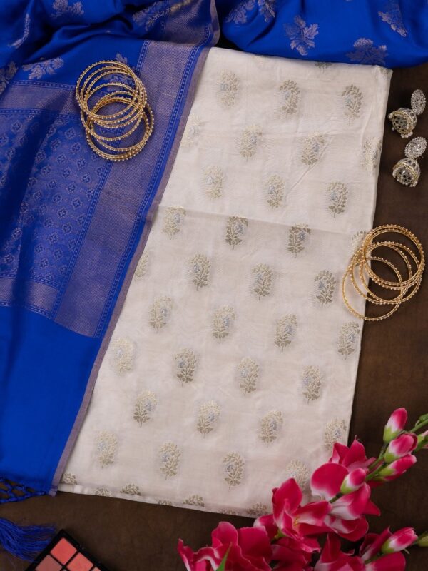 Adrika's Banarasi Chiniya Silk Off White Kurti & Royale Blue Dupatta Unstitched 2-Piece Set