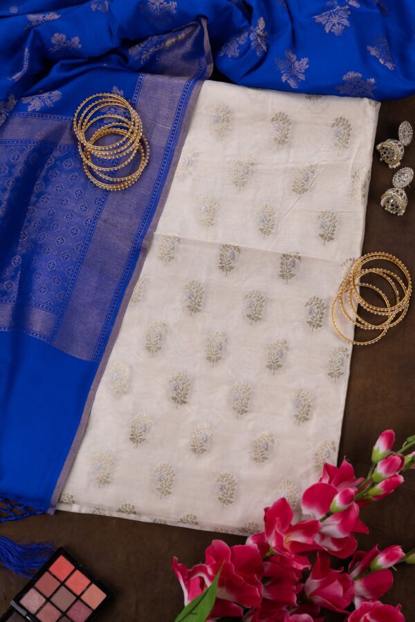 Adrika's Banarasi Chiniya Silk Off White Kurti & Royale Blue Dupatta Unstitched 2-Piece Set