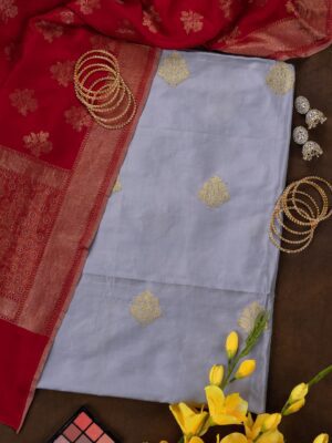 Adrika's Banarasi Grey Katan Silk Kurti & Red Chiniya Silk Dupatta Set