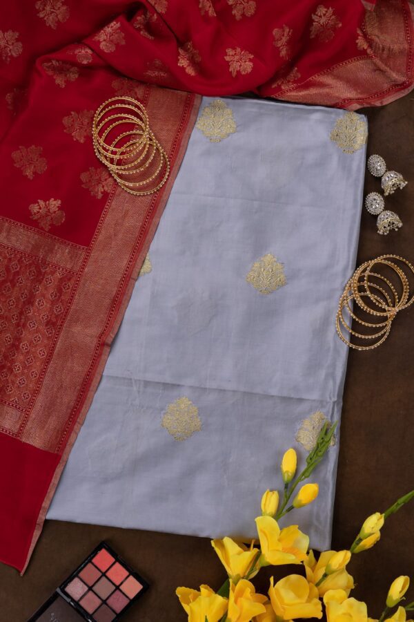 Adrika's Banarasi Grey Katan Silk Kurti & Red Chiniya Silk Dupatta Set