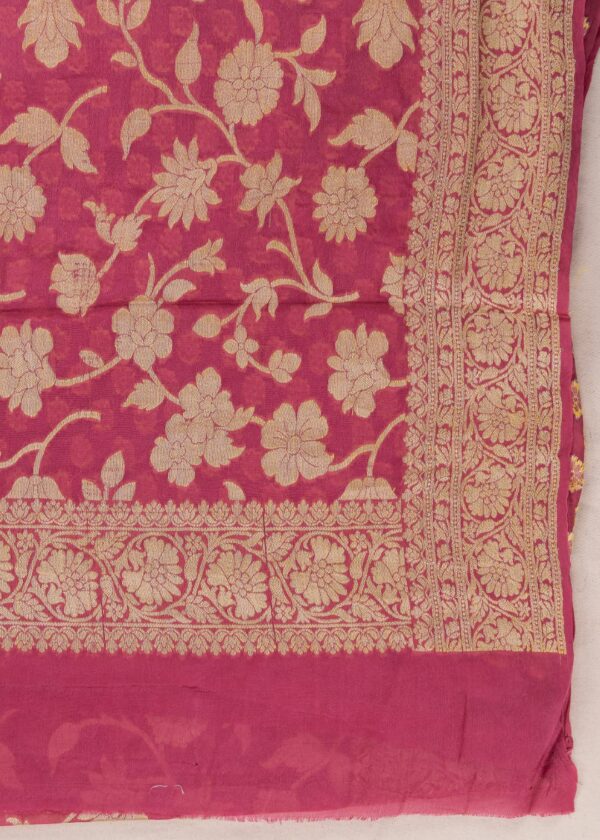 Handcrafted Pure Handloom Banarasi Chiffon Rose Pink Kurti & Dupatta Set with Zari Work by Adrika