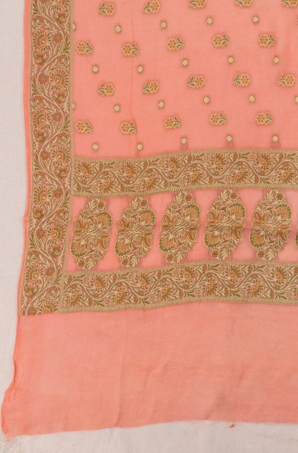 Adrika's luxurious Pure Handloom Banarasi Chiffon Peach Coloured Kurti & Dupatta Set with intricate Meenakari detailing