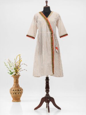 Cotton dress with hand embroidery and block print by Adrika