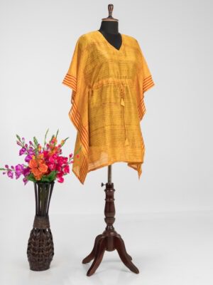 Adrika's premium handloom Murshidabad silk kaftan with unique block prints