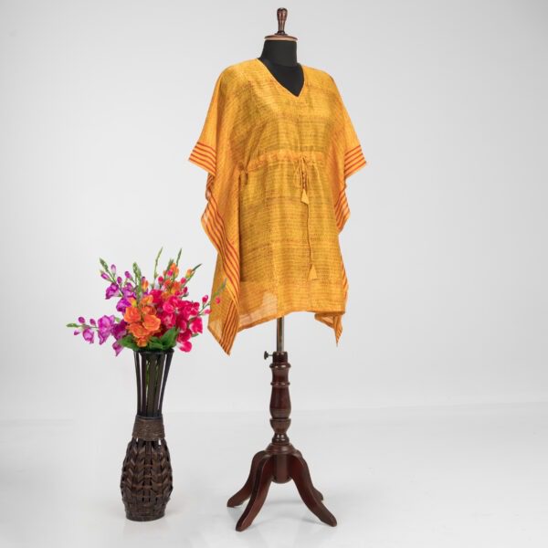 Adrika's premium handloom Murshidabad silk kaftan with unique block prints