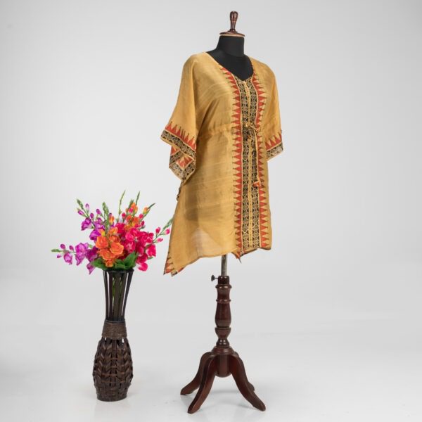 Pure handloom Murshidabad silk kaftan with intricate hand block designs by Adrika