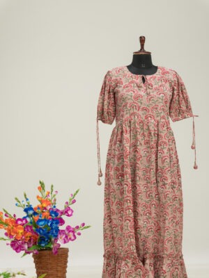 Adrika's Long Dress in Cotton: Traditional Hand-Block Print