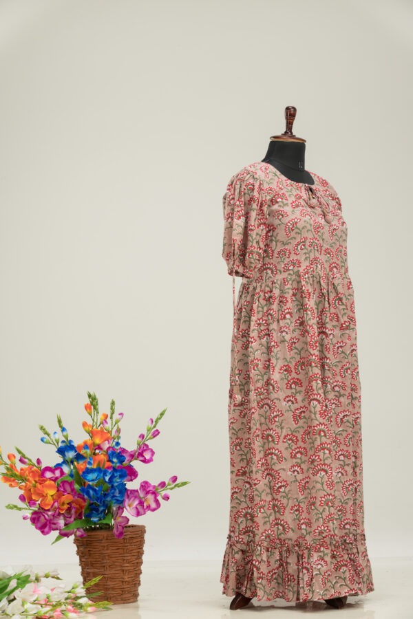 Adrika's Cotton Hand-Block Long Dress: Floral Elegance