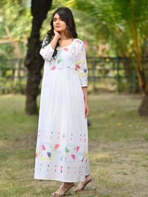 Handwoven Cotton Jamdani Long Dress by Adrika with detailed craftsmanship