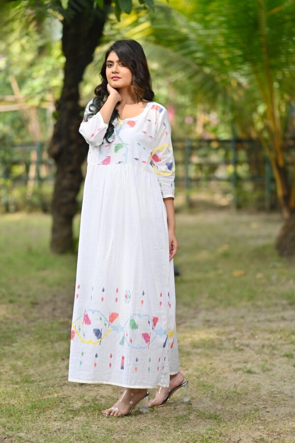 Handwoven Cotton Jamdani Long Dress by Adrika with detailed craftsmanship