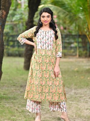 Adrika's handcrafted pure cotton kurti set with traditional block prints