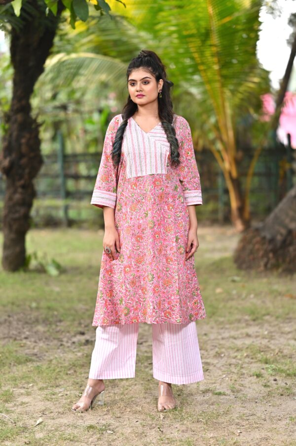 Traditional Indian two-piece cotton kurti set with block prints