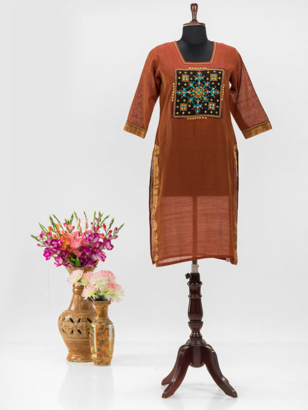 Adrika’S Dark Brown Mangalgiri Cotton Hand Embroidered Kurti