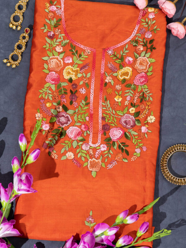 Adrika’S Orange Hand Embroidered Bishnupuri Silk Unstitched Kurti