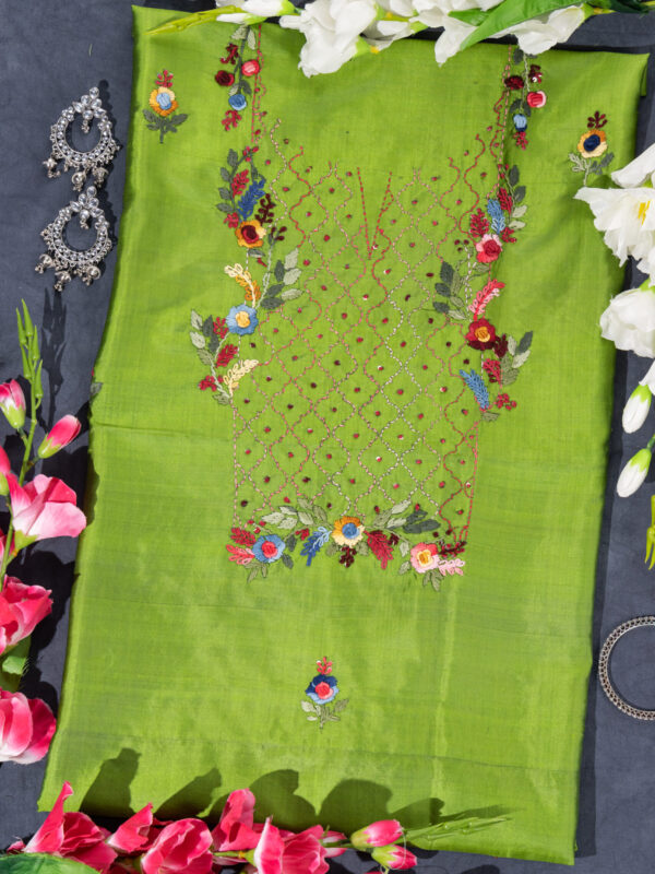 Adrika’S Green Hand Embroidered Bishnupuri Silk Unstitched Kurti
