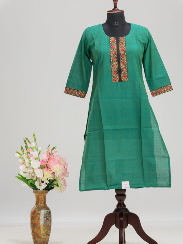 Adrika’s Forest Green Pure Cotton Hand Embroidered Kurti