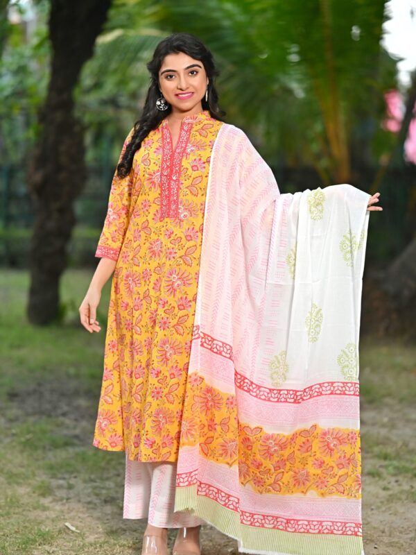 Adrika’s Yellow Pure Sanganeri Cotton 3 Pc Kurti Set