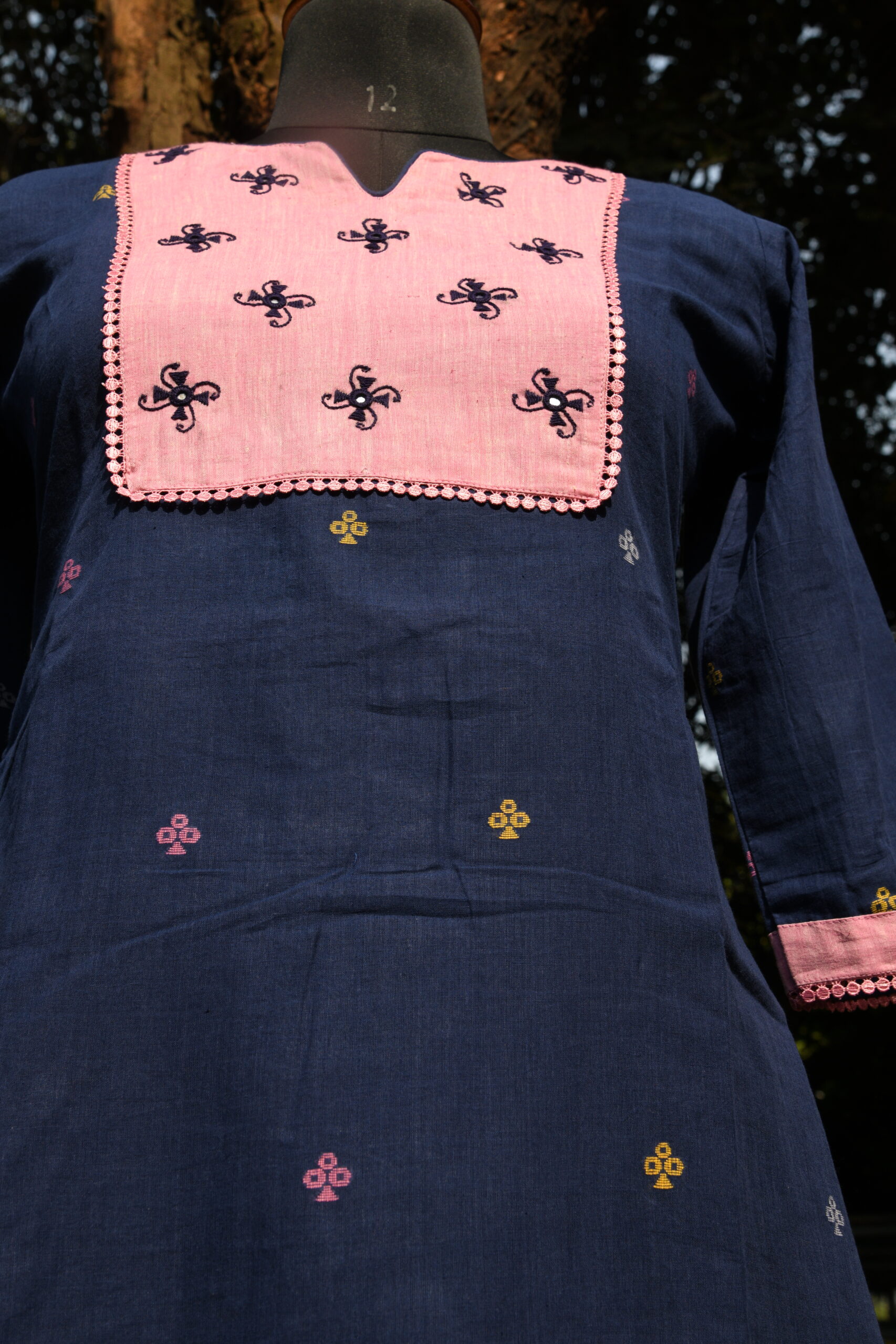 Adrika’s Blue Handloom Cotton Jamdani Hand Embroidered Kurti Set - Image 3