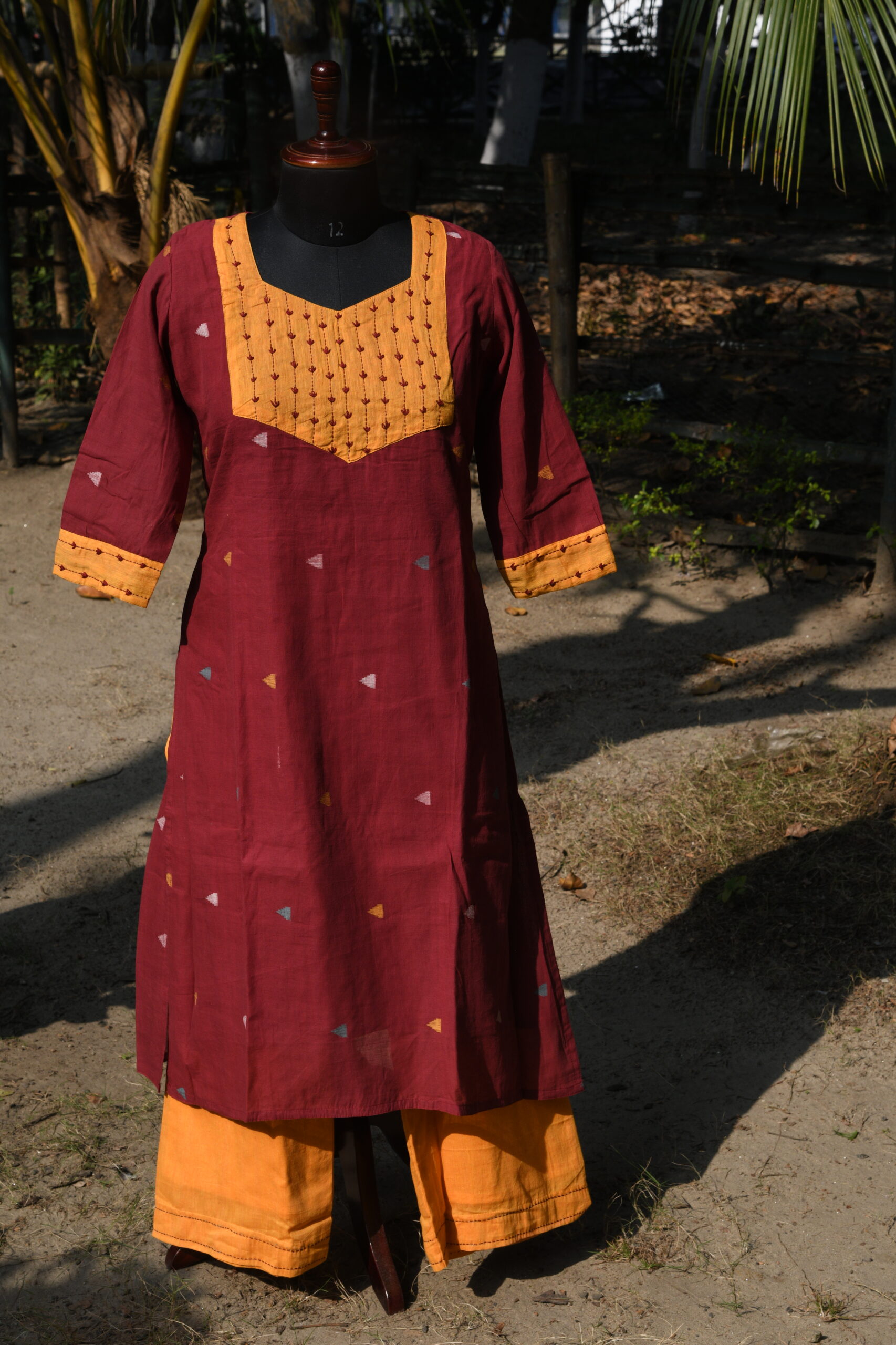 Adrika’s Maroon Handloom Cotton Jamdani Hand Embroidered Kurti Set