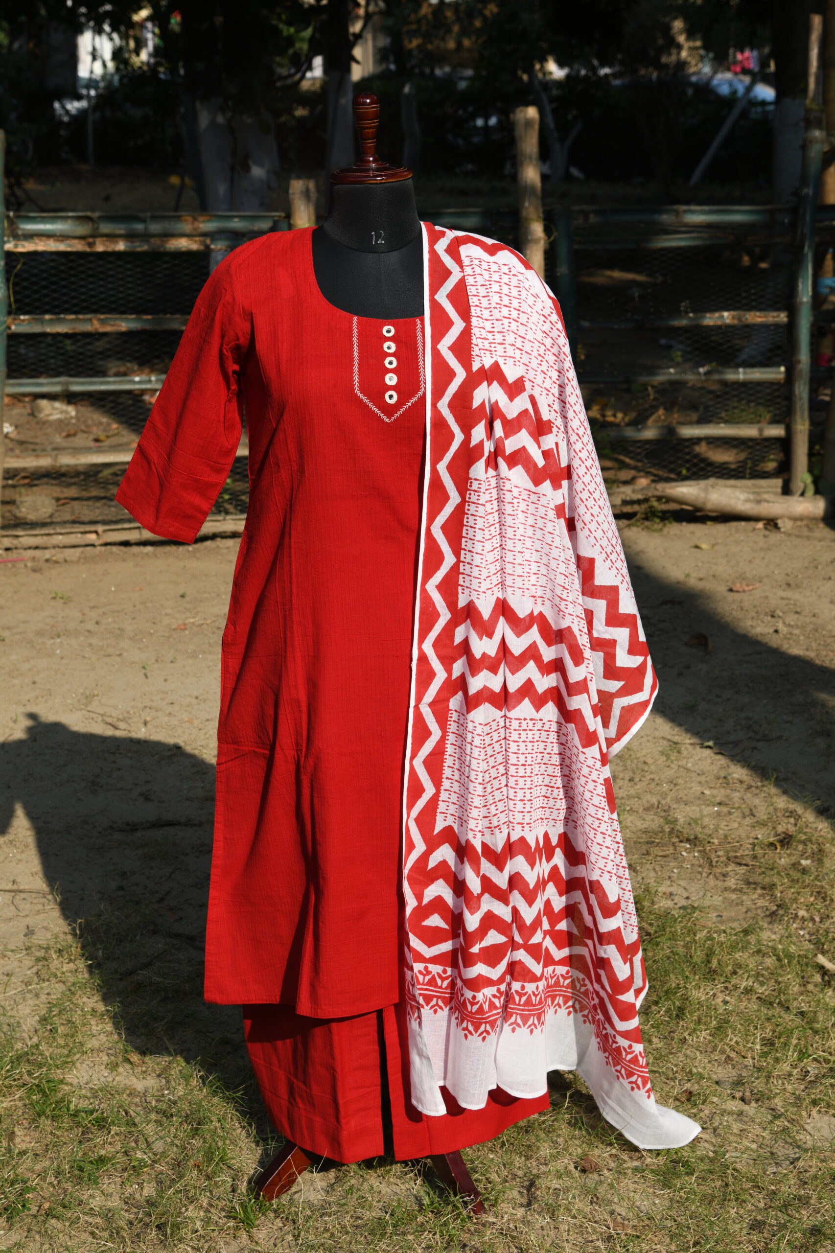 Adrika’s Red Pure Cotton 3 Pc Kurti Set