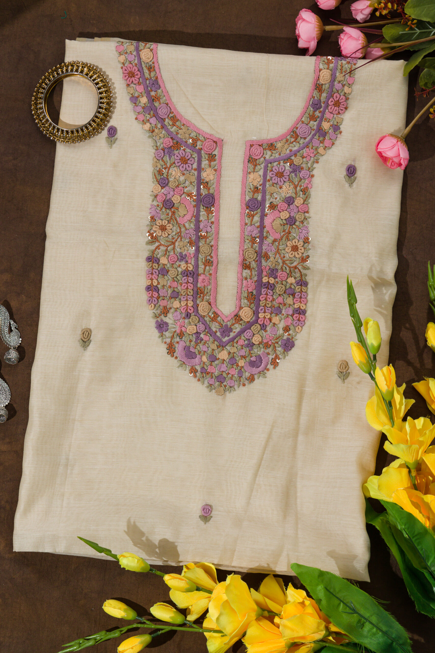 Adrika Hand Embroidered Chanderi Cotton Unstitched Kurta